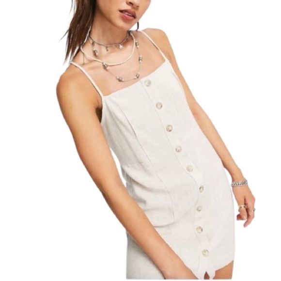 Women's 8 Topshop Linen Mini Slip Dress Button Down Spaghetti Straps Square Neck - Picture 1 of 10